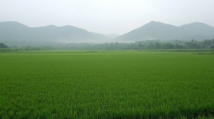 Fototapeta premium Lush Green Rice Fields in a Serene Valley Surrounded by Misty Mountains Under a Soft Overcast Sky, Capturing the Beauty of Nature's Tranquility