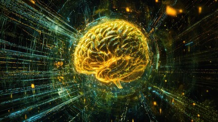 An artistic depiction of an artificial intelligence brain surrounded by data streams and digital effects