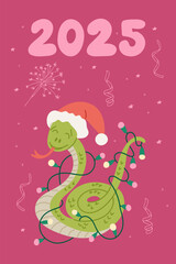 Festive 2025 holiday banner with cheerful snake in Santa hat wrapped in Christmas lights. Perfect for seasonal greetings and New Year celebrations. Vector hand drawn greeting card