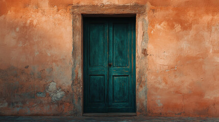 A close-up shot of a vintage wooden door painted in dark teal