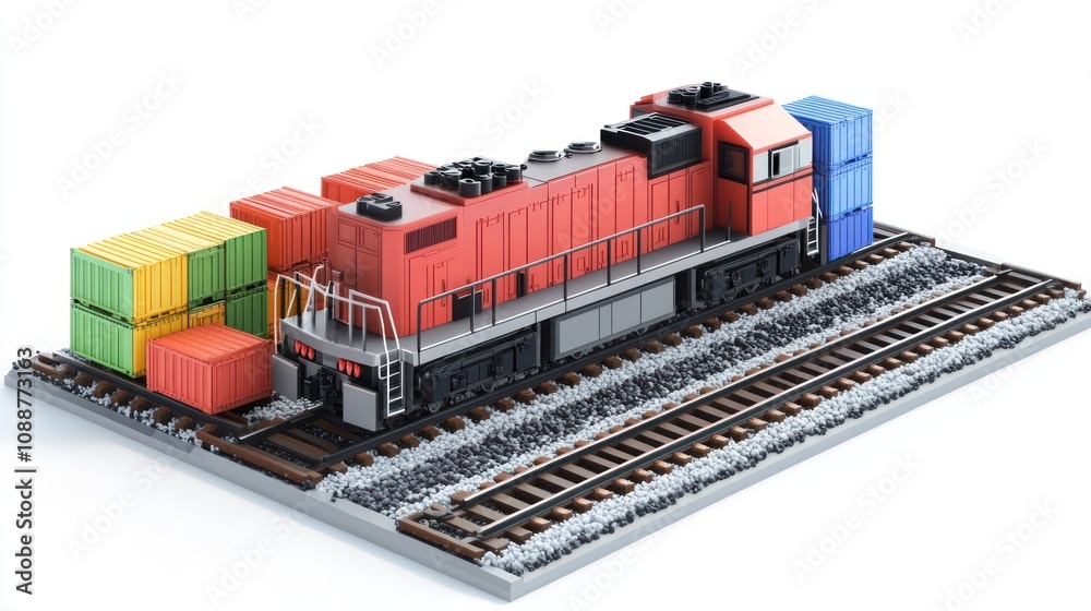Poster A model train with colorful containers on a railway track, showcasing transport logistics.
