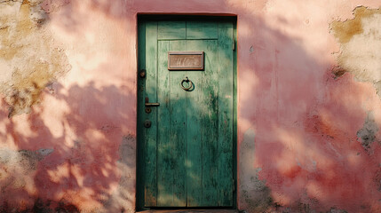 A rustic green door with metal hinges and a letterbox