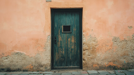 A weathered wooden door in dark green