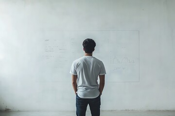 Obraz premium Contemplative Businessman Reviewing Charts and Graphs on Whiteboard. Strategic Planning and Data Analysis for Success.