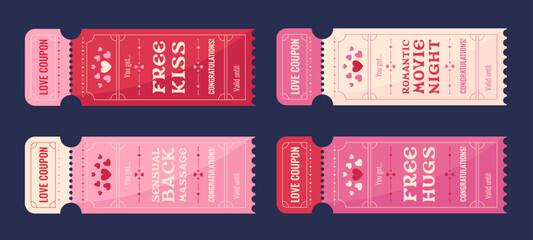 Love coupons and tickets with romantic interactions winning. Valentine's Day graphic decorative elements, cards and cute game. Vector illustration.