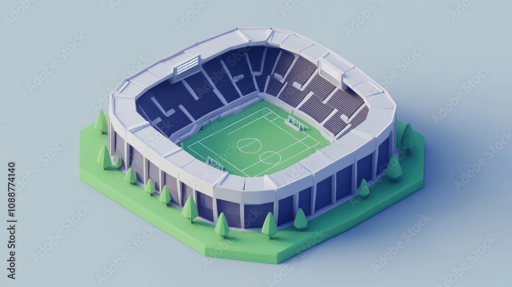 Poster a 3d model of a soccer stadium with a green field and surrounding trees.