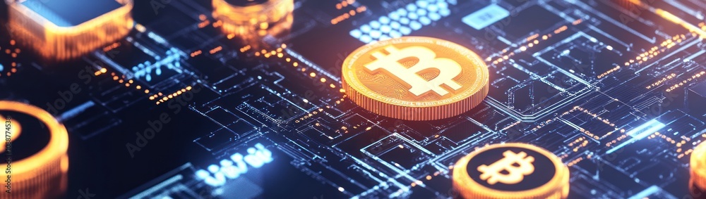 Poster A digital representation of cryptocurrency with Bitcoin symbols and circuit patterns.