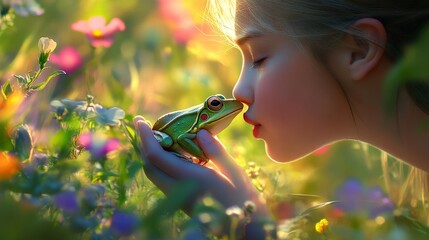A girl is holding a frog and kissing it. The frog is green and has big eyes. The girl is surrounded by flowers
