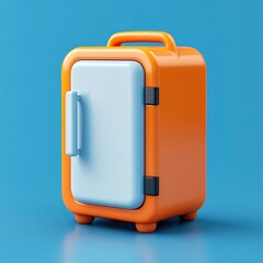 Compact Portable Orange Mini Fridge Cooler on Blue Background