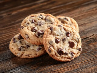 Freshly Baked Chocolate Chip Cookies Piled on Rustic Wooden Surface Perfect for Dessert, Treats, and Sweet Indulgence Photography