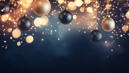 elegant christmas decoration featuring glittery ornaments, soft glowing lights, and festive atmosphere with ample copy space