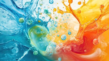 Vibrant Blue and Orange Liquid Splash with Bubbles
