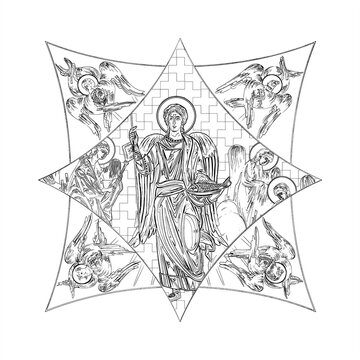 recommend clip art: Raphael archangel. Cross dome with 4 apostles, angels and seraphim. Coloring page in Byzantine style