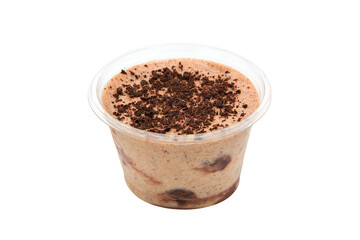 Chocolate tiramisu. Traditional Italian dessert in a transparent plastic glass isolated on a white background. Food delivery. Fast food to go.