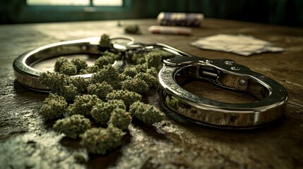 A pair of handcuffs with marijuana on them. The handcuffs are on a table with a pile of marijuana on top of them