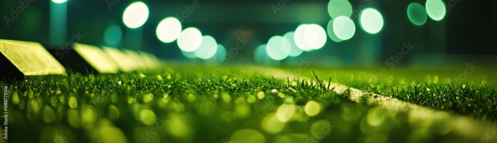 Poster a close-up view of a grassy sports field illuminated by soft lights at night.