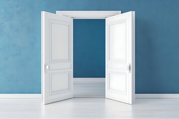 Open Vintage Door with Blue Wall and Wooden Floors