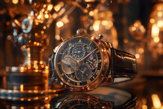 Luxurious gold watch with intricate gears and leather strap, set against an opulent, warm-hued background of shimmering lights and blurred reflections.