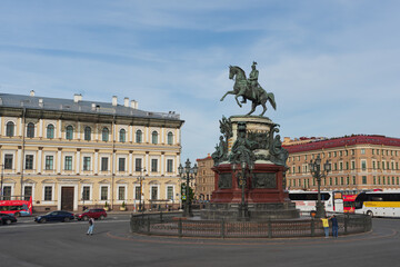 SAINT PETERSBURG, RUSSIA - JUNE 05, 2022: Monument to Emperor Nicholas I on St. Isaac's Square. Saint Petersburg, Russia. High quality photo