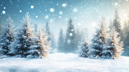 Snowy Forest Landscape with Pine Trees and Falling Snow Winter Wonderland Background