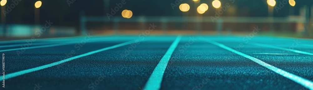 Poster a nighttime view of a sports track with illuminated surroundings.