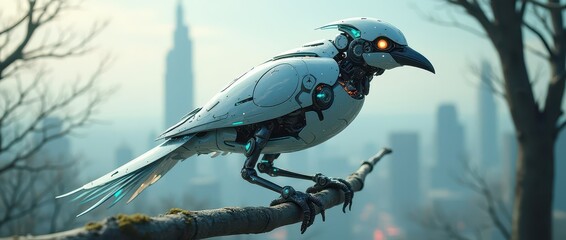 A robotic bird in sleek chrome and neon accents perched on a futuristic branch, featuring mechanical details, LED lights, and a glowing cybernetic eye against a cityscape