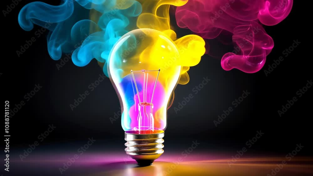 Sticker lightbulb idea concept with colorful liquidof splashing unique creative idea on black background, ge
