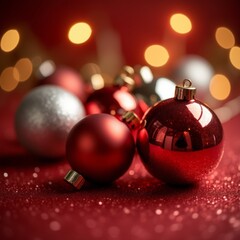 Fototapeta premium Glittering Christmas Baubles on a Sparkling Red Background