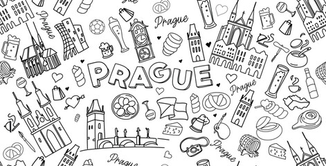 horizontal Prague doodles, cartoon decorative elements collection set icons. vector illustration