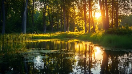 Obraz premium Sunset over tranquil forest pond. Nature, serenity, peace.