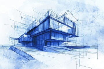 Abstract Architectural Sketch of Modern Building Design in Blue Tones, Featuring Geometric Shapes and Innovative Structures for Creative Projects and Presentations