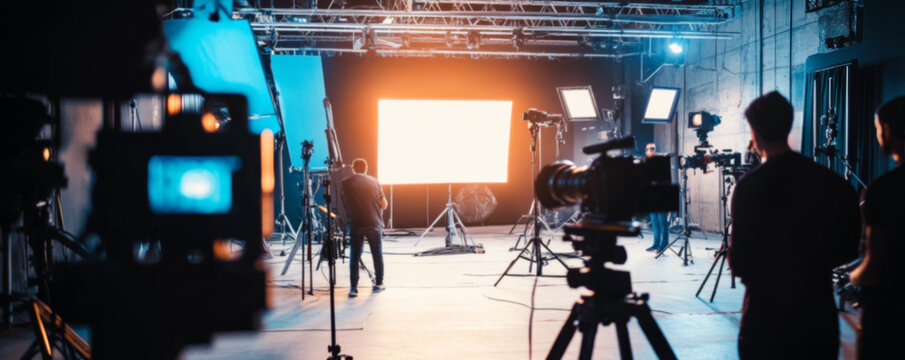 Videographer Filming in Studio with Professional Camera