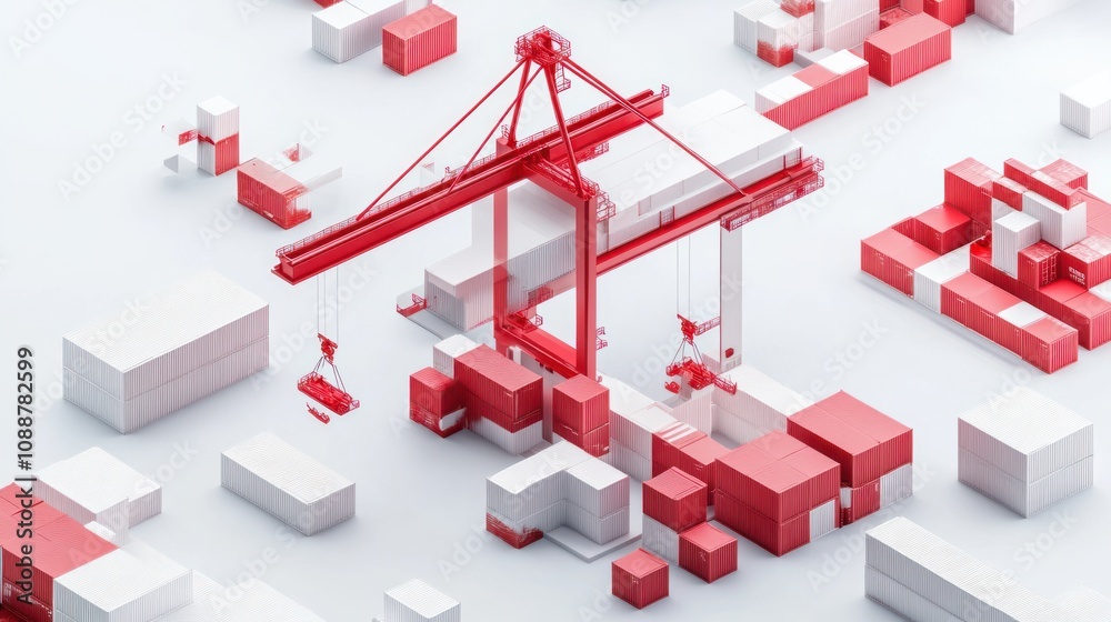 Poster a stylized depiction of a crane lifting cargo boxes in a minimalist design.