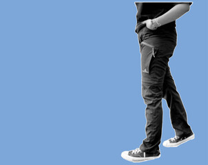 close up side view of women's feet wearing outdoor pants with sneakers shoes pixelate color halftone dotted texture style collage element isolated on blue background