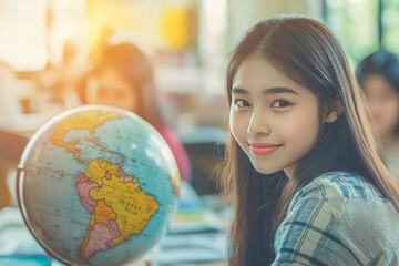 Beautiful asian girl studying geography on a globe in a colorful classroom environment