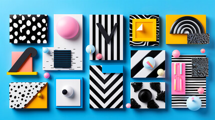 A colorful collage of shapes and patterns, including squares, circles