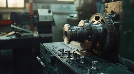 Fototapeta premium Close-Up of Precision Machinery with Complex Gears and Equipment in a Modern Industrial Setting Highlighting Advanced Engineering Techniques