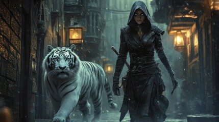 A mysterious female assassin in a hood in dark leather armor at night, with a large white tiger background wallpaper AI generated image