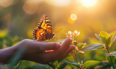 A hand holding a butterfly next to a flower