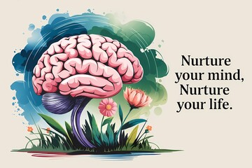 Nurture Your Mind, Nurture Your Life: Brain with Blooming Flowers Symbolizing Positive Mental Health
