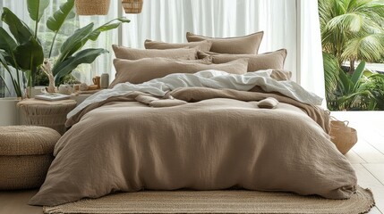 Fototapeta premium Bed with soft, neutral bedding in a contemporary bedroom, framed by stylish decor and plants.
