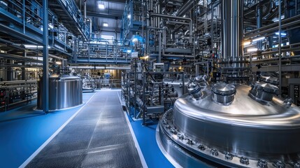 Industrial manufacturing plant interior showcasing advanced machinery, storage tanks, and complex piping systems in a modern production environment with intricate details.