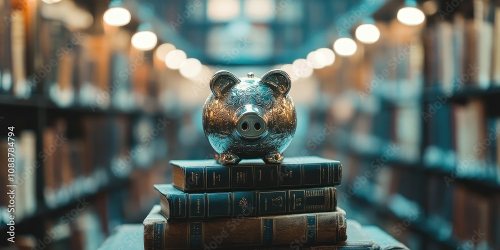 Aufkleber a piggy bank rests atop stacked books in a library, symbolizing savings and knowledge.