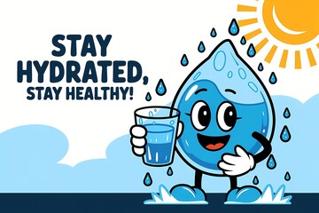 Stay Hydrated, Stay Healthy: Cheerful Water Droplet Character with Glass of Water

