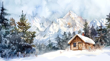 Fototapeta premium A watercolor painting of a cabin in a snowy mountain valley.