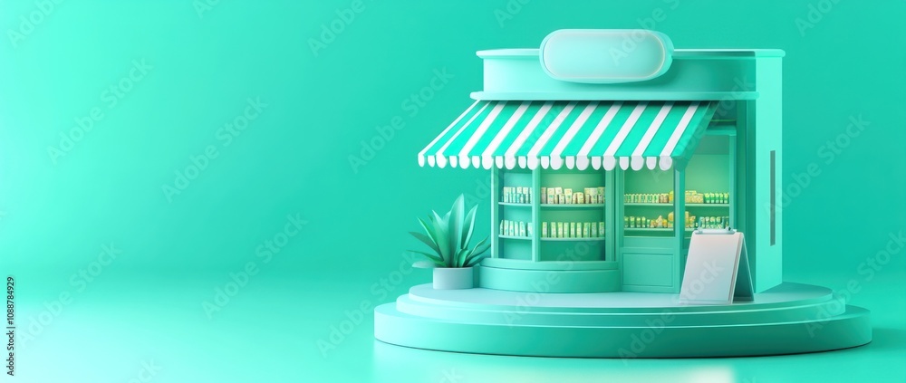 Aufkleber a stylized storefront with a teal color scheme and striped awning.