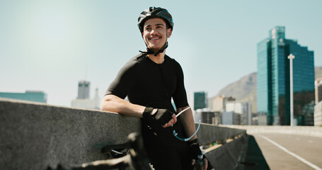 Smile, training and cycling with man in city for triathlon challenge, race and workout. Wellness,...