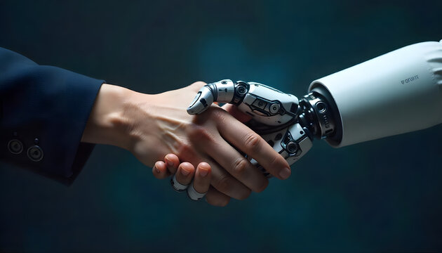 Man hand holding a robot ai hand while sealing the deal with their hands
