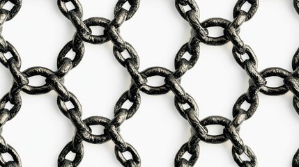 Close-up of black chain link fence pattern, isolated on a white background, providing a simple yet bold texture.