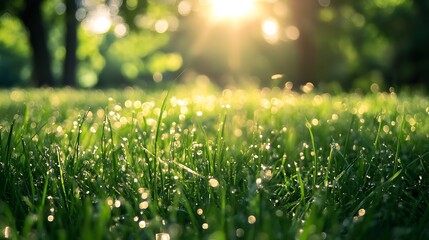 Fototapeta premium Morning Dew on Grass, Sunlight, Nature